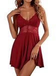 Bunanphy Women's Sexy Lingerie Set Babydoll Chemise Night Dress Lace Sleepwear with G-String Wine Red #G 12-14