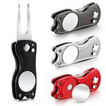 Skylety 4 Pieces Golf Divot Repair Tool with Magnetic Button Ball Marker Divot Tool Stainless Steel Foldable Switchblade Golf Green Divot Tool for Golfers Golf Prizes(Red, Silver, Gray, Black)