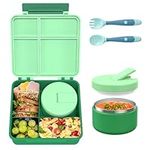 Bento Lunch Box for Kids with 7oz Soup Thermo, Leak-Proof Lunch Box with Cutlery, 4-Compartments Lunch Container for School Outdoors Office, Green