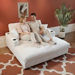 FIRLZY 65" Oversized Chaise Lounge Chair Indoor, Upholstered Sofa Bed with Pillows & 2 Cup Holders, Sleeper Couch Comfy Corduroy Recliner Chair for Living Room, Movie Room, Bedroom, White