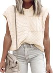 EVALESS Fall Tops for Women 2024 Trendy Casual Cap Sleeve Round Neck Crochet Knit Loose Pullover Shirts Beige XL