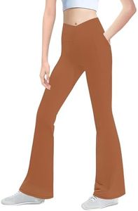 Girls' Leggings Cross Flare Pants with Pockets Black Soft Stretchy High Waisted Pants for Kids Child Yoga Dance, Brown, 6-7 Years