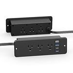 CCCEI 6 Outlets Dual Side Recessed Power Strip with USB C Port, Furniture Flush Mount, Under Desk, Desk Top Multiple Outlets, Hidden Charging Station for Conference Table, Nightstand, Black. 6FT.