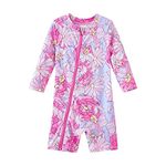 UMELOK Baby Girls Swimsuit One Piece Full Zip with Long Sleeve UPF 50+ Sun Protection Sunsuit Pink Flower,9M