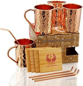 Gift Set Pure Copper Hammered Mugs with Copper Straws & Wooden Coasters Set of 4 - PREMIUM QUALITY -16 Oz Copper Mug - 100% Handcrafted - A Gift Pack for your loved Ones.