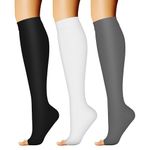 CHARMKING 3 Pairs Open Toe Compression Socks for Women & Men Circulation 15-20 mmHg is Best Support for All Day Wear, 03 Black/White/Grey, Large-X-Large