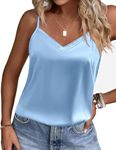 Ekouaer Women's Satin Camisole Lace Silk Satin Pajama Tank Tops V Neck Soft Spaghetti Strap Loose Sleepwear Light Blue Medium