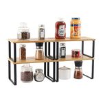 4-Pack Bamboo Kitchen Shelf Organizer for Cabinet, Expandable & Stackable Counter Cupboard Organiser, Storage Rack for Bathroom, Kitchen, Laundry Room Black