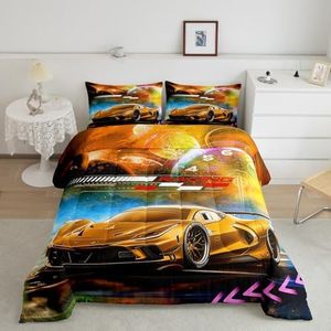 Feelyou Orange Race Car Bedding Set Twin Size for Kids Boys Extreme Sports Car Comforter Set Decorations Teens Toddler Galaxy Planet Car Duvet Set Cool Modern Quilt Set 2Pcs