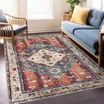 KOZYFLY Boho Area Rug 4x6 Ft Rugs for Entryway Washable Entry Rug Non Slip Rugs for Living Room Brown Teal Faux Wool Vintage Printed Bedroom Rug Throw Rugs for Entrance Kitchen Living Room