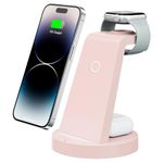 3 in 1 Charging Station for iPhone, Wireless Charger for iPhone 16 15 14 13 12 11 X Pro Max & Apple Watch - Charging Stand Dock for AirPods (Pink)