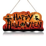 CHDITB Happy Halloween Door Welcome Sign, Cute Pumpkin Ghost Witch Rustic Wall Hanging Sign (12''x6''), Happy Halloween Themed Wooden Door Hanging Decor for Home Office School Party Haunted House