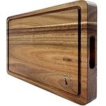 Acacia Wood 16 x 12 x 1.5inch Thick (40.5 x 30.5 x 4cm) Extra-Large Chopping Board Juice Groove Hand Grips Snack Holder Dark Edge Grain Wooden Butcher Block Cheese Plate Server Deluxe Birthday Gift