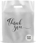 Rainbows & Lilies 100 Thank You Plastic Bags with Handles, 12"W x 15"H Thick Reusable Bulk Shopping Bags for Small Business, Retail Shop, Boutique Gifts, Clothes, Tshirts, Goodie Party Favors (Silver)