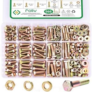 FOLIV 566Pcs Heavy Duty Bolts and Nuts Assortment Kit, Grade 8 Hex Screws Bolts Nuts Kit, 1/4-20 5/16-18 3/8-16, 15 Common Sizes Included
