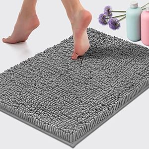 LuxUrux Bath Mat-Extra-Soft Plush Bath Shower Bathroom Rug,1'' Chenille Microfiber Material, Super Absorbent Shaggy Bath Rug. Machine Wash & Dry (16 x 24, Light Grey)