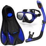 Odoland Snorkel Set for Adult Include Anti-Fog Snorkeling Mask, Dry Snorkel, Swim Fins for Men and Women，Complete Diving Equipment for Swimmers as Gifts Blue+Black Frame M