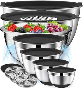 DUTZUN Mixing Bowls with Lids Set - 16pcs Stainless Steel Mixing Bowl Set inkl. 6 Prep Bowls with 6 Lids, 3 Grater Attachments, Colander - Nesting Bowls with Strainer for Mixing & Serving - Black