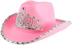 Skeleteen Pink Cowboy Hat - Pink Sequin Cowgirl Princess Hat with Crown Tiara Design