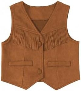 Verdusa Girl's Western Fringe Crop Vest 70s Hippie Boho Tassels Cowgirl Jacket Brown 7Y