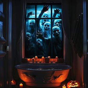 Halloween Window Cover Decorations, Fabric Scary Halloween Window Door Banner Creepy Halloween Window Front Door Covering Curtain Poster Clings Decor Halloween Party Decorations Indoor Outdoor