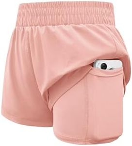 WIFFGO Girls Athletic Shorts Elastic High Waist 2 in 1 Shorts with Side Pockets Running Workout Sports for Teen Kids Pink
