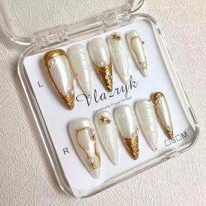 Luxury Handmade Press On Nails, Gold French Tip Long Almond Fake Nails for Women,Minimalist Metallic False Nails, Reusable Salon Quality Multilayer Gel Acrylic Fake Nails.M SIZE