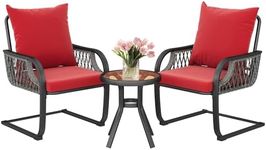 YITAHOME 3-Piece Outdoor Patio Furniture Wicker Bistro Set C Spring Motion Chairs All-Weather Rattan Conversation Chairs for Backyard, Balcony and Deck with Soft Cushions, Glass Side Table, Red