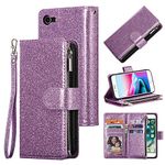 UEEBAI Wallet Case for iPhone SE 2022 5G/iPhone 7/iPhone 8/iPhone SE 2020, PU Leather Magnetic Closure Glitter Handbag Zipper Case Kickstand Card Holder Slots TPU Shockproof Flip Case -Glitter Purple