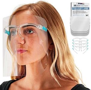 TCP Global Salon World Safety Face Shields with Glasses Frames (Pack of 4) - Ultra Clear Protective Full Face Shields to Protect Eyes, Nose, Mouth - Anti-Fog PET Plastic Sanitary Droplet Splash Guard