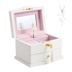 Jozen Gift White Wooden Musical Jewelry Box with Mirror and Ballerina Necklace For Girls and Women, Multi-Function Jewelry Organizer Box with Lock, Gift for Valentine's Day, Birthday,Christmas