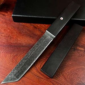 MADSABRE Japanese Samurai Tanto Knife Fixed Blade Katana, 268 Floors Damascus VG10 Steel Outdoor Tactical Combat Hunting Survival Knives with Wooden Sheath (Damascus Steel-Stonewash)