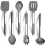 HaWare Kitchen Utensils Set of 6, Silicone Cooking Utensils with Stainless Steel Handle, Heat Resistant Kitchen Tools for Non-Stick Cookware, Ladle Turner Spoon Pasta Server, Dishwasher Safe-Grey