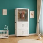 Strassis Design Portable 4 Door Wardrobe Closet with Hanging Section & Storage Cabinet | Plastic Clothes Almirah with Wheels | Modern Bedroom Storage Organizer (White, 2-Layer)