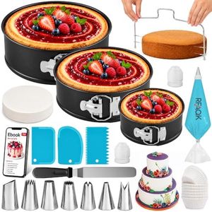 RFAQK 100pcs Cake Pan Sets for Baking + Cake Decorating Supplies: 3 Non-Stick Springform Pans Set (4, 7, 9 inches), Icing Tips, Cake Leveler – Multi-functional Leak-Proof CheeseCake Pan & eBook