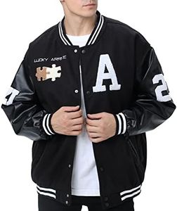 Moshtashio Mens Varsity College Jacket Baseball Bomber Jacket Vintage Sweatshirt Casual Unisex Streetwear Coats with Patch, 1 Black, Large