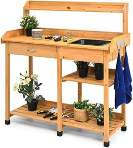 Giantex Garden Potting Bench Table, Wooden Potting Work Table w/Open Shelves, Hooks, Removable Sink & Drawer, Outdoor Flower Pot Bench for Garden Yard Balcony, Fir Wood Structure (Natural)