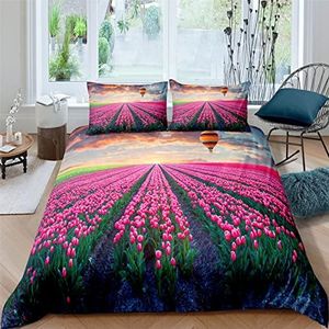 Beau Paysage De Fleurs Rouges 3D Parure De Lit, 140X200 Cm 3 Pièces Housse De Couette Microfibre Confortable Ensemble De Literie Chambre À Coucher Élégant Classique Lit Imprimé Taie - Anti-Allergie