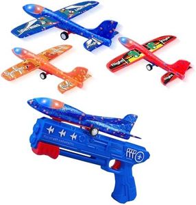 LJZJ 2 Pack Airplane Toys with Launcher, 2 Flight Modes LED Foam Glider Catapult Plane Toy, Outdoor Flying Toy for Kids, Gifts for 3 4 5 6 7 8 9 Years Old Boys Girls, Airplane Birthday Party Supplies