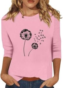 Womens 3/4 Sleeve T Shirts Cute Sunflower Dandelion Prints 3/4 Length Sleeves Tops for Women Crewneck Plus Size Summer Elbow Length Sleeve Blouse Three-Quarter-Sleeve Top Woman