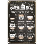 Ripeng Coffee Menu Sign 12 x 8 Inch Coffee Sign Vintage Coffee Bar Decor Metal Know Your Coffee Tin Sign Coffee Menu Wall Decor Coffee Bar Accessories for Kitchen Wall Home Farmhouse Shelf, BLACK