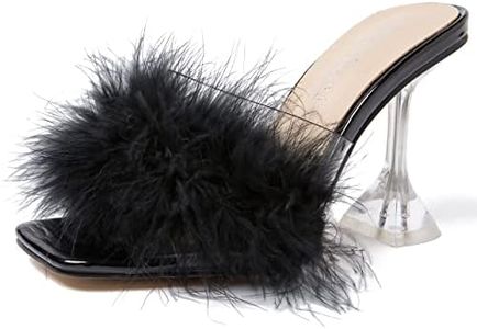 Women's Square Toe Sandal Fluffy Feather Clear High Heels Sandals Mules Backless Slip on Slipper Dress Shoes, Black, 9.5