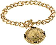 American Coin Treasures Italian 20 Lira Coin Toggle Charm Bracelet - Italian 20 Lire Goldtone Toggle Bracelet with Faceted Round Jet Glass Stones- Italian Medallion Bracelet