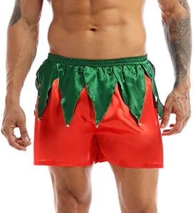 FEESHOW Men's Frilly Satin Holiday Elf Boxers Shorts Christmas Lounge Underwear, Red, XX-Large