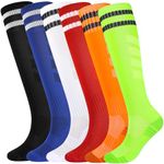 Kids Soccer Socks Boys Football Socks 6 Pairs Girls Striped Knee High Socks Baseball Softball Sports Teenager Youth (Mixed Colors, 10-14 Years)