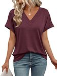 AUTOMET Womens Tops Short Sleeve T Shirt Summer V Neck Casual Top 2025 Spring Cute Basic Trendy Outfits Fashion WineRed XXL