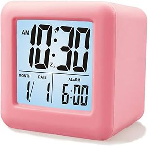 Plumeet Digital Alarm Clock Kids Alarm Clock with Snooze and Nightlight - Easy Setting Silicone Clock Display Time, Date - Loud Alarm Clock for Bedroom - Battery Powered (Baby Pink)