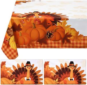 Newwiee 2 Pcs Thanksgiving Fabric Table Cloth 60 x 84 Inch Thanksgiving Tablecloth Rectangle Harvest Pumpkin Turkey Tablecloth Fall Orange Table Cover for Thanksgiving Holiday Party Table Decors