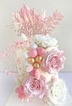 VELAFEE 29 Pcs Pink Cake Decorations Happy Birthday Cake Topper Pink Palm Cake Topper with White, Gold and Pink Cake Balls Dried Flower Cake Decorations for Pink Birthday Decorations and Boho Decor