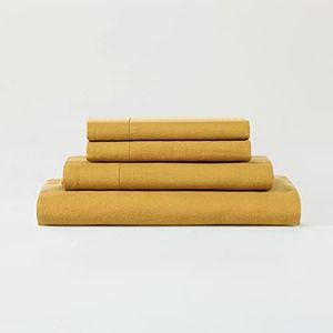 Sijo Stone Washed Organic French Linen Bed Sheet Set, GOTS Certified Organic, Best Cooling Linen Sheet Award by Sleep Foundation, 4 Piece - 2 Pillowcases, 1 Fitted and 1 Flat (Turmeric, King)